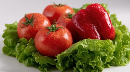Wall Mural - Fresh tomatoes and red bell peppers arranged on a bed of crisp green lettuce, showcasing vibrant colors and natural textures.