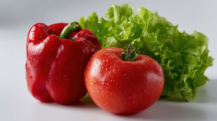 Wall Mural - Fresh red bell pepper, tomato, and green lettuce with water droplets on a white background, showcasing vibrant colors and healthy ingredients.