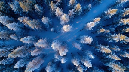 Wall Mural - aerial view of a snow-covered forest with tall trees illuminated by golden sunlight, creating a sere