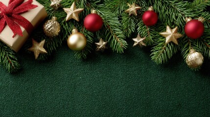 Wall Mural - Festive Christmas arrangement with gift box, red and gold ornaments, and fir branches on a green background.