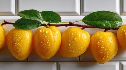 Wall Mural - Fresh yellow plums with water droplets on a branch, resting on a tiled surface, showcasing vibrant colors and natural textures.