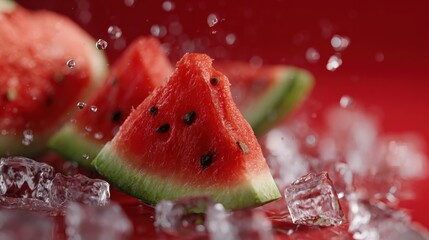 Wall Mural - Fresh watermelon slices with ice cubes and water droplets on a vibrant red background.