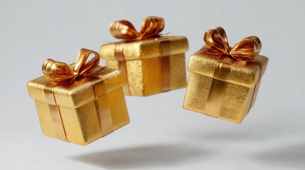 Wall Mural - Three gold gift boxes with shiny ribbons floating against a plain background, evoking a festive and celebratory atmosphere.