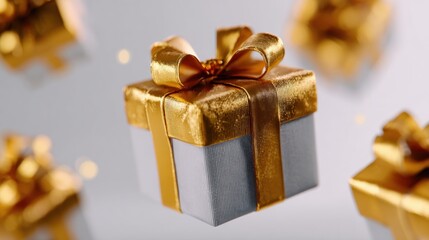 Wall Mural - Close-up of a beautifully wrapped gift box with a shiny gold ribbon, set against a blurred background of similar gifts, creating a festive atmosphere.