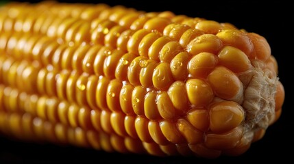 Wall Mural - Close-up of a fresh, ripe corn cob with glistening kernels against a dark background, showcasing vibrant color and texture.