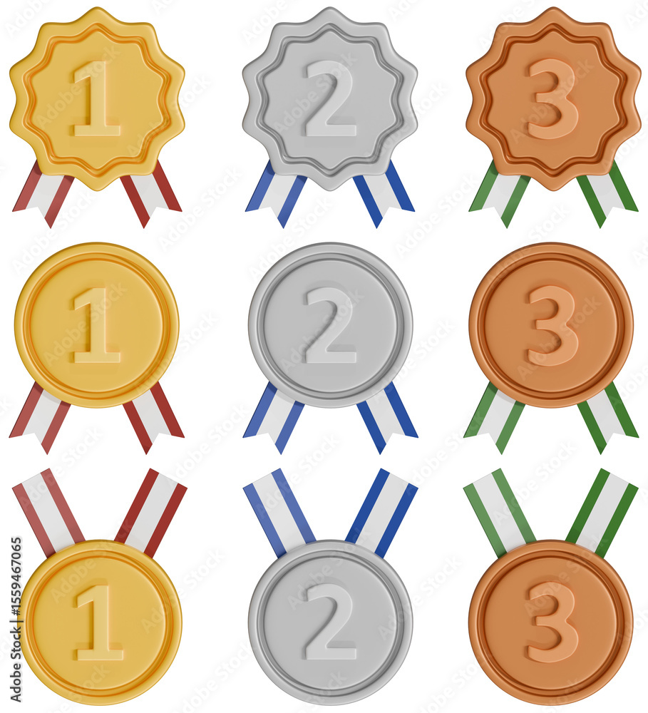 1등 2등 3등 메달 세트 3D 일러스트 / 1st 2nd 3rd Place Medal Set 3D Illustration ...