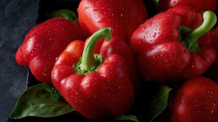 Wall Mural - Fresh red bell peppers with water droplets, arranged on a dark surface with green leaves, showcasing vibrant color and texture.