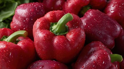 Wall Mural - Fresh red bell peppers with water droplets, showcasing vibrant color and texture, perfect for culinary and healthy eating themes.
