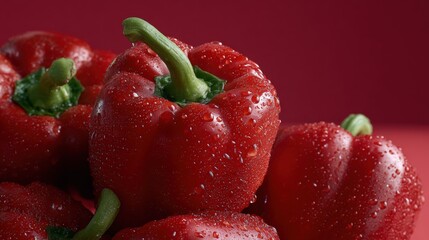 Wall Mural - Fresh red bell peppers with water droplets on a vibrant red background, showcasing their glossy texture and vivid color.