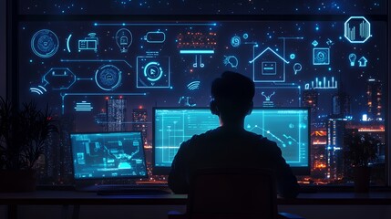 Male computer programmer working at night with futuristic digital interfaces.