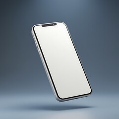 Wall Mural - A Sleek Silver Smartphone With A Bright White Blank Screen Is Floating At An Angle Against A Graduated Blue-Gray Background, App Display, Device Mockup
