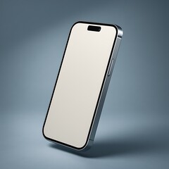 Wall Mural - A Modern Silver Smartphone With A Blank Off-White Screen Is Floating At An Angle Against A Muted Blue-Gray Background, Technology Mockup, Mobile Device