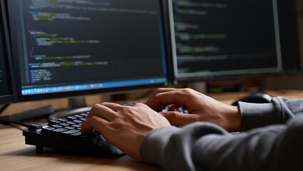 person s hands typing on a keyboard in front of multiple computer monitors displaying code