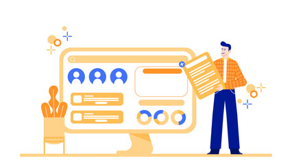 Man adding data to a websites user interface. Suitable for technology, web development, data entry concepts for blogs, articles, presentations.