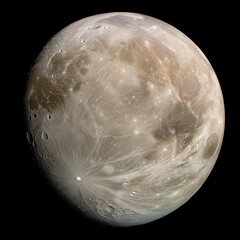 Wall Mural - A striking full-disk image of Ganymede, Jupiter's largest moon, prominently displaying its dual nature with ancient, dark, heavily cratered terrains and younger, brighter, grooved regions.