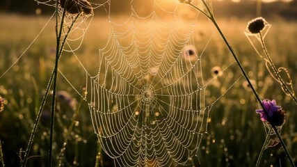 Morning dewdrops on spiderweb shining in golden sunlight. Nature macro concept