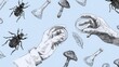 © Diffin - Hand-drawn illustration of hands holding petri dishes, surrounded by beetles, mushrooms, leaves, and lab equipment on a light blue background.