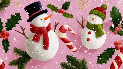 Wall Mural - Festive illustration of two snowmen with scarves and hats, surrounded by holly, candy canes, and snowflakes on a pink background.