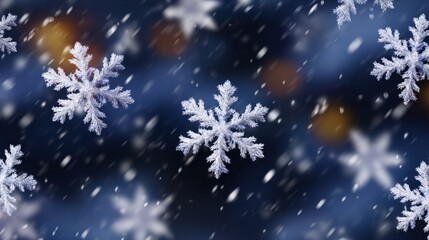 Wall Mural - Close-up of intricate snowflakes falling against a dark blue blurred background, creating a serene winter atmosphere.
