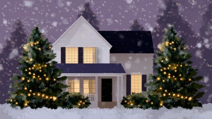 Wall Mural - a cozy house adorned with glowing christmas lights, surrounded by snow-covered trees under a soft sn