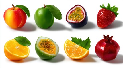 Wall Mural - A vibrant assortment of realistic, colorful fruits including apple, passion fruit, strawberry, orange, and pomegranate, each with fresh green leaves.
