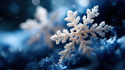 Sticker - Close-up of a delicate snowflake on a bed of blue snow, highlighting its intricate structure and sparkling detail against a blurred background.