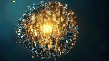 Wall Mural - Futuristic planet city covered in illuminated skyscrapers at night with a glowing core emitting light and particles, creating a breathtaking and otherworldly scene