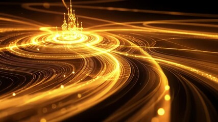 Wall Mural - golden particles swirling around a magic castle emanating light beams and energy waves, creating a m