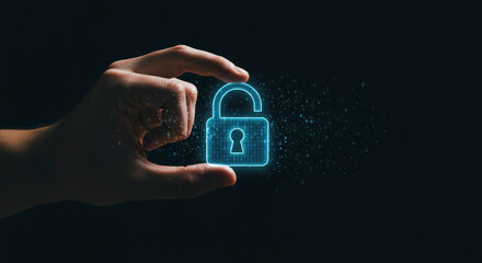 Wall Mural - Hand Holding a Glowing Pixelated Lock Against a Dark Blue Background Illustrating Security and Digital Protection