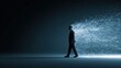 © mangolovemom - A silhouette of a person walking while dissolving into digital particles, symbolizing transformation or digital disintegration against a dark background.