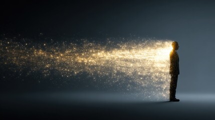 Wall Mural - a silhouette of a person emits glowing golden particles, symbolizing energy, creativity, and transfo