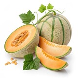 Cantaloupe melon with slices isolated on white background