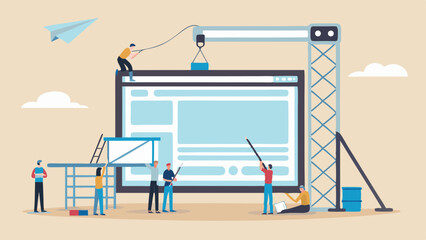 Website construction and development team working together to build a web page