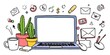 © Chalermrach - A playful doodle set featuring a laptop, cactus, coffee, currency symbols, pencil, computer mouse, tablet, and email icons,  digital,  computer