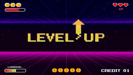 Wall Mural - level up icon pixel art. 8 bit game. retro game. retro futurism sci-fi background. glowing neon grid