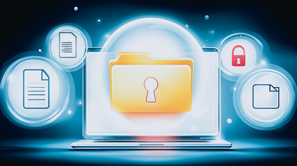 Wall Mural - digital data security: a visual representation of data security, where a glowing laptop screen displ