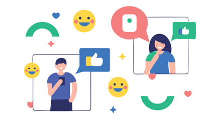 People communicating through digital devices with emojis and speech bubbles around them icon set