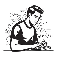 Black and white illustration of a programmer coding on a keyboard with design elements
