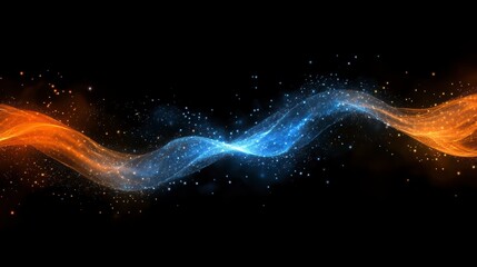 Wall Mural - abstract fiery and icy blue glowing waves intertwining on a black background.