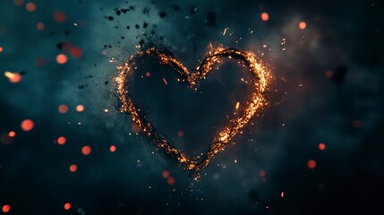 Wall Mural - fiery heart shape formed from burning embers and sparks against a dark background.