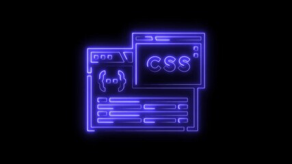 Glowing css coding screen animation on black background software development concept
