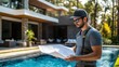© Egriva - Architect reviewing home design blueprint near modern villa's swimming pool