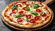 © ALIS ST - Delicious Pepperoni Pizza on Wooden Board with Fresh Basil Leaves