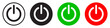 © Munnacreativehub - Collection of four power button icons in black outline, solid black, green, and red circle styles. Ideal for UI, apps, web design, electronics, and power related tech interfaces. Vector illustration.