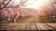 © artificial_azad! - Blooming Cherry Blossom Orchard with Rustic Wood Table - Springtime Serenity