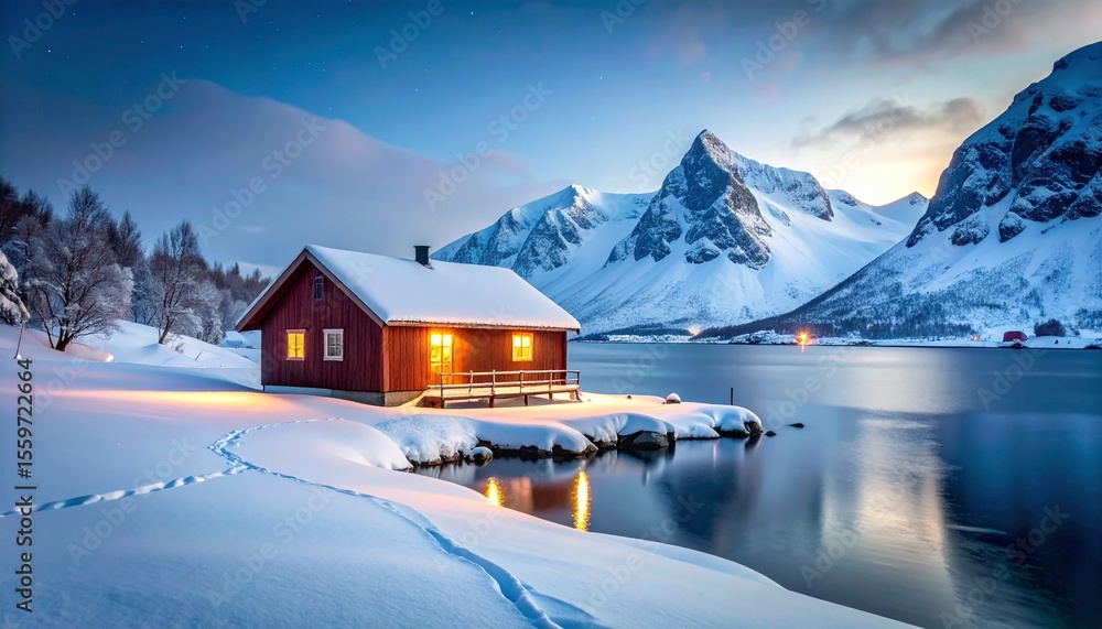 Secluded Red Cabin in Snowy Mountain Landscape at Sunset Stock Photo ...