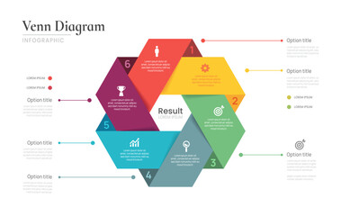 Wall Mural - venn diagram business infographic circle chart template 6 steps options, presentation with venn diag