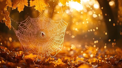 A spider s intricate web glistening with morning dew in an autumn forest