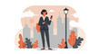 © Business Stock Image - A stylish businesswoman checks her smartphone while standing outdoors in a city park, with skyscrapers in the background, showcasing modern urban life and mobile technology.
