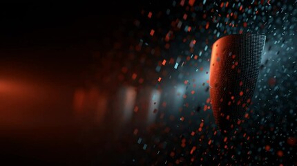 Digital shield protecting binary data streams in a dark cyberspace environment, glowing blue and red lights